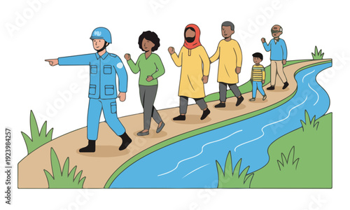 UN Peacekeeper Guiding Diverse Group Along River Path