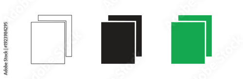 Set of three rectangle icons representing stacked paper documents or layers, including outline black and green variants isolated on white background