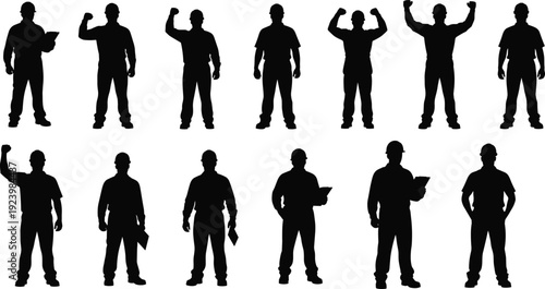 Set of construction worker silhouettes in hard hats holding clipboards and celebrating victory for industrial labor and professional engineering projects