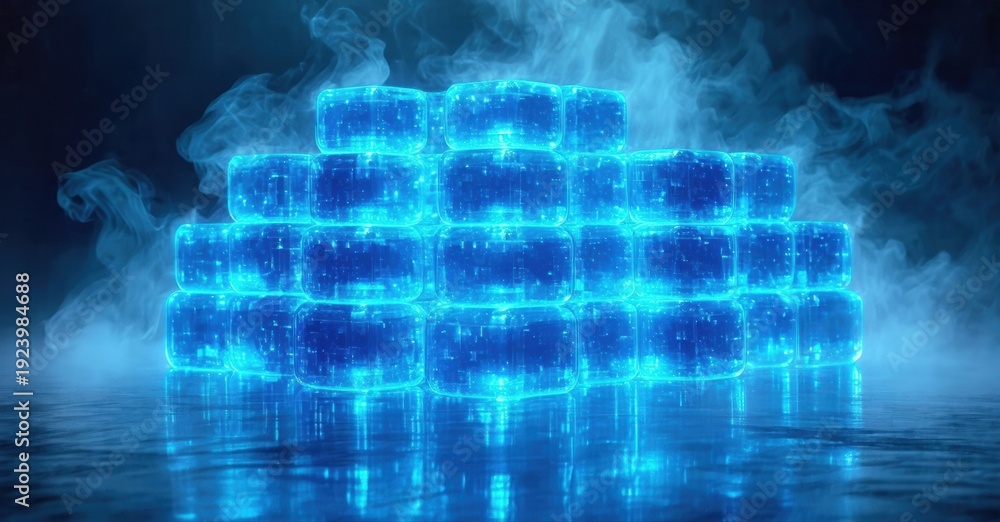 Obraz premium Glowing blue cubes stacked, reflecting on wet surface. Smoke surrounds structure, creating dramatic effect. Futuristic design.