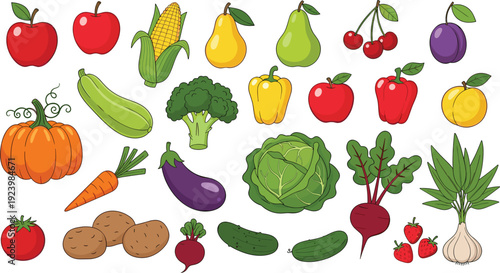 Fresh Fruits and Vegetables Collection Healthy Food Cartoon Illustration Set