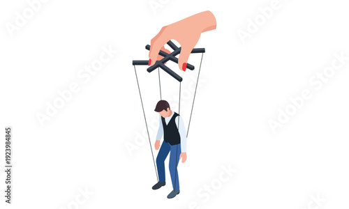 Man puppet manipulated by a controlling hand with strings