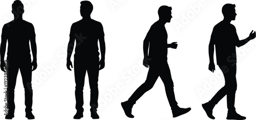 Black silhouette of a young man standing in front view and side view, walking and moving in various poses isolated on white background