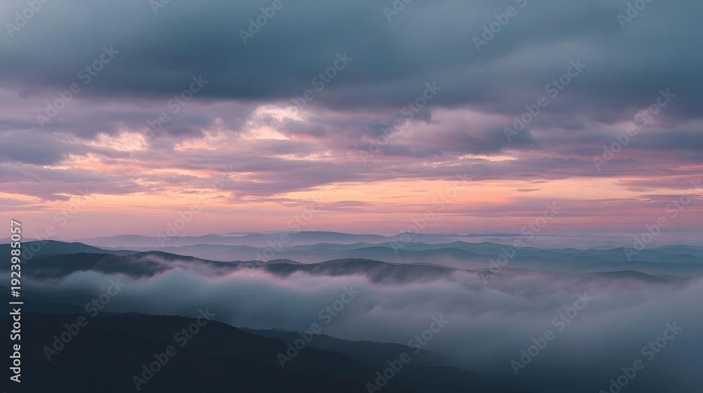 Fototapeta premium Serene mountain range at dawn with soft pastel sky and atmospheric mist filling the valleys under a dramatic cloudscape