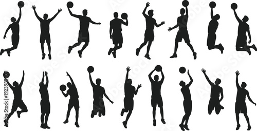 PrintBasketball silhouettes, dynamic players, dribbling, shooting, dunking, passing, jumping, sports action, athletic movement, competition, teamwork, training, vector illustration