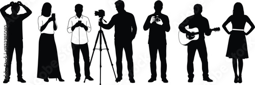 Set of creative professional silhouettes featuring photographers with tripods, musicians with guitars, videographers, and people using smartphones for digital content. (exactly 20 words)
