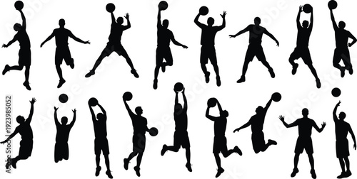 PrintBasketball player silhouettes, dynamic sports poses, dunk action, shooting figures, jumping athletes, ball handling illustration, sports design elements, athletic movement art