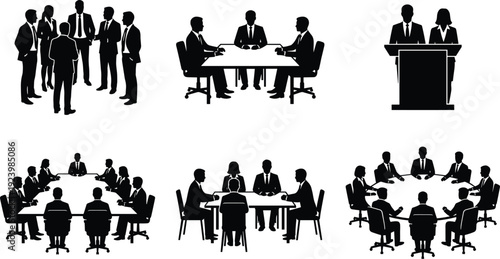 Business meeting and corporate teamwork silhouette icon set featuring conference discussions, presentations, negotiations, and leadership collaboration concepts for professional environments