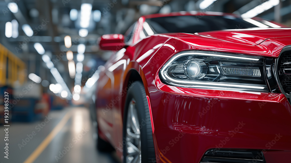 Fototapeta premium Red sports car rear view inside modern automotive factory production line