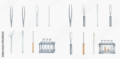 A realistic set of laboratory equipment including test tubes, tweezers, and spatulas for scientific use.