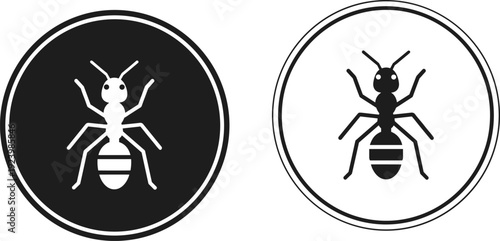 Ant insect symbol icon set featuring round badge designs, minimalist vector illustration for biology, pest control, and nature concepts