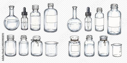Hand-drawn watercolor set of various empty glass bottles, jars, and laboratory flasks on a transparent background.