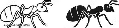 Ant insect icon set featuring outline and silhouette styles, minimalist vector illustration for biology, pest control, nature, and entomology concepts