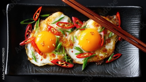 Top view of Hunan-style chili fried eggs, bright golden yolks, crispy edges, stir-fried with vibrant red and green chili peppers, garnished with fresh scallions, served on a stylish ceramic plate