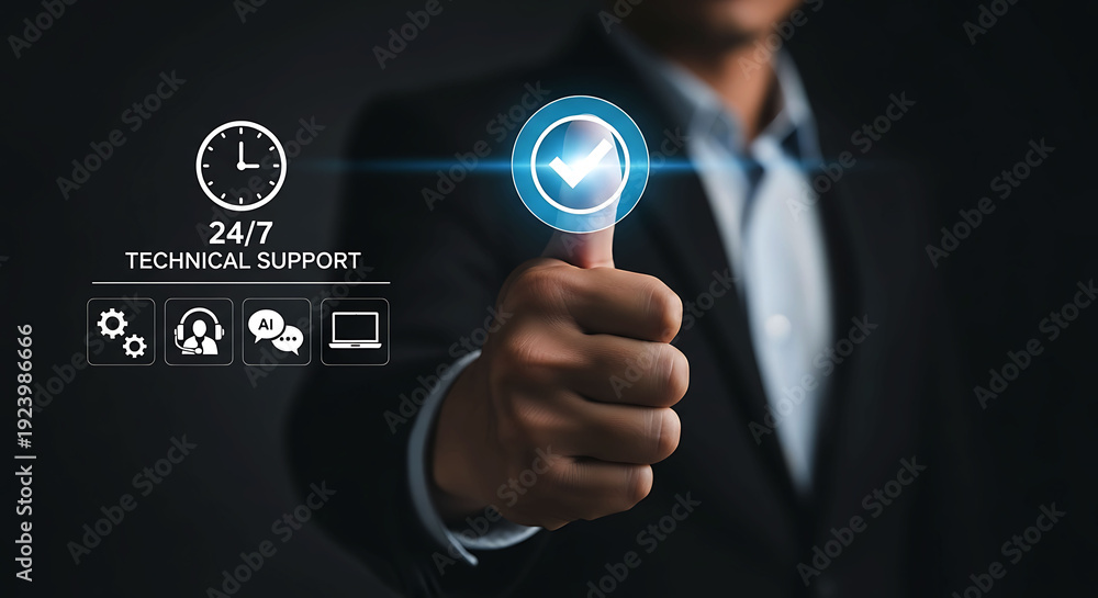 Fototapeta premium Businessman Thumbs Up For 24-7 Online Technical Support And AI Service