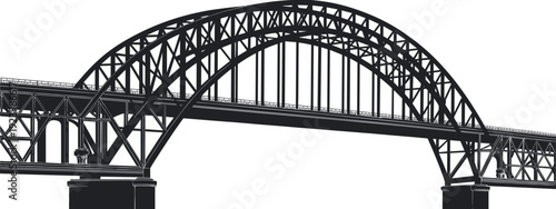 ArtDetailed black silhouette of a massive steel arch bridge with intricate truss engineering isolated on white background for architectural, travel, and civil engineering design. & Illustration