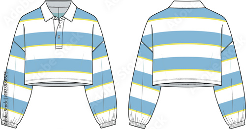 Women Cropped Long Sleeve Striped Polo Shirt Vector Illustration with Drop Shoulder Design and Elastic Cuffs Fashion Technical Flat Sketch