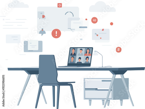 Remote Workstation with Video Conference on Laptop Screen Notifications and Clouds