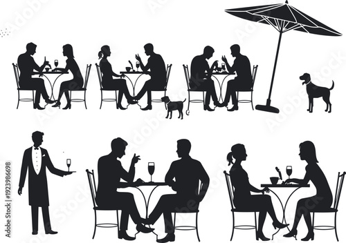 ABlack silhouette of people dining at outdoor cafe tables with waiter serving wine and dogs sitting by couples under a patio umbrellart & Illustration