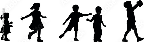 Black silhouettes of five children playing and running in a row isolated on white background for childhood 