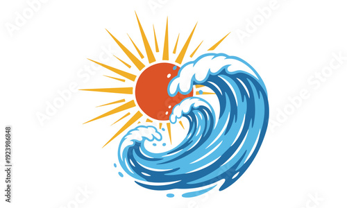 Sun and Ocean Wave Illustration with Blue Water and Orange Sun