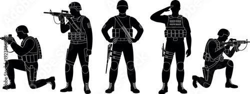 Black silhouettes of five soldiers in tactical gear with rifles and military equipment isolated on white background for army defense and security concepts (24 words)