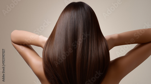 Woman touching smooth long brown hair viewed from back on neutral background