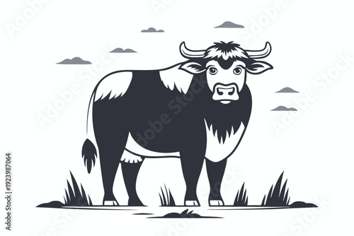 Monochrome stylized ox gazes forward standing on grass beneath a few clouds above