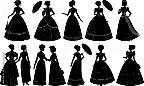 Black silhouettes of Victorian ladies wearing elegant vintage ball gowns and holding parasols isolated on white background for historical fashion and period costume design (25 words)