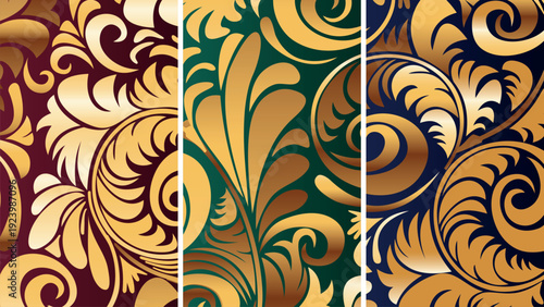 Set of luxury gold damask patterns on dark backgrounds, elegant floral swirls seamless ornament in burgundy emerald and navy blue, premium royal Victorian vector for wallpaper and packaging