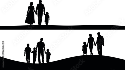 Collection of diverse family silhouettes walking together on hills, holding hands, and pushing strollers, perfect for parenthood, community, and active healthy lifestyle designs.