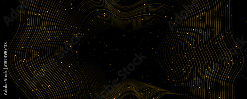 Shiny golden sparkling abstract background with wavy lines and small dots. Minimal vector banner design