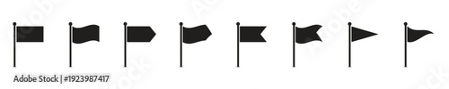 A set of eight distinct flag shapes rendered as black silhouettes against a clean white backdrop. These versatile icons can represent navigation, location markers or various signaling concepts.