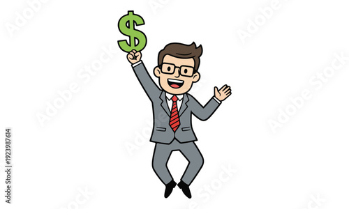 Businessman jumping and holding green dollar sign on white background