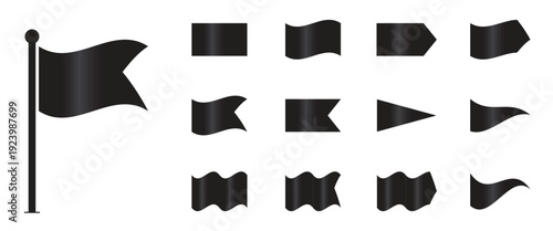 A collection of various black flag icons and ribbon shapes presented on a clean white background. This set is ideal for representing symbols, banners, or navigational elements.