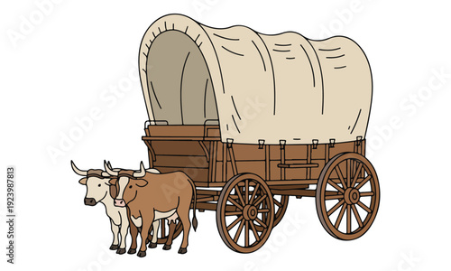 Covered Wagon Pulled by Two Oxen, Historical Transport Illustration