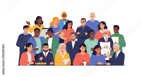 Diverse Business Professionals Collaborating - Global Teamwork, Community, and Diversity Illustration