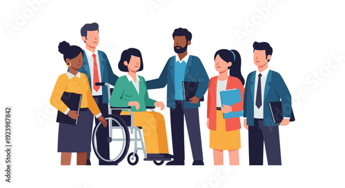 Diverse Business Team with Woman in Wheelchair. Professional Group Promoting Workplace Inclusion, Equity, and Accessibility for People with Disabilities.