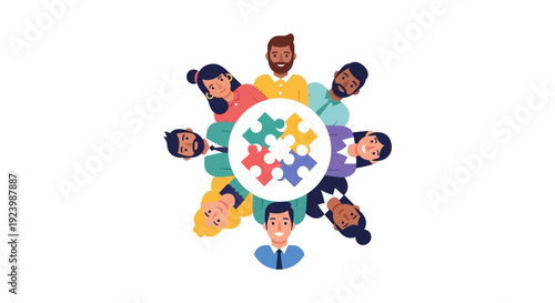 Diverse Global Team Collaboration & Problem Solving. Group of people united around a puzzle, symbolizing teamwork, inclusivity, partnership, and shared goals.