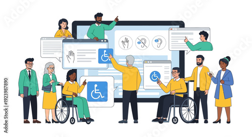 Digital Accessibility and Inclusive Design Concept with Diverse People, Users with Disabilities Interacting with Accessible Technology Interface and UX