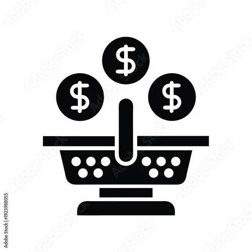 Black shopping basket icon presents three floating money coins above it