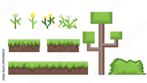 Collection of retro 8-bit pixel art nature elements, including various flowers, grassy ground blocks, a stylized tree, and a lush bush, perfect for game assets and digital design projects