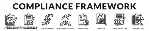 Comprehensive compliance framework outlining regulatory alignment, ethical standards, and corrective governance measures in Lineal Icon Style