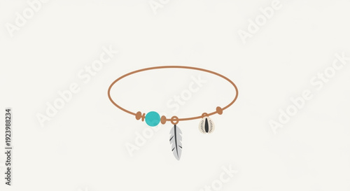 Copper wire wrapped bangle with turquoise stone and feather charms on white background