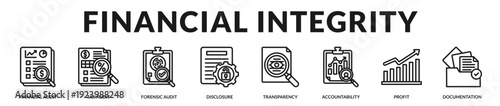 Financial integrity presentation emphasizing transparent reporting, documented evidence, and accountable fiscal governance in Lineal Icon Style
