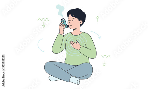 Asthmatic person using inhaler for respiratory relief, sitting
