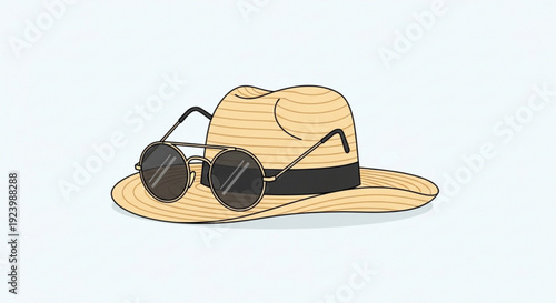 Straw hat with black sunglasses on white background summer fashion accessory