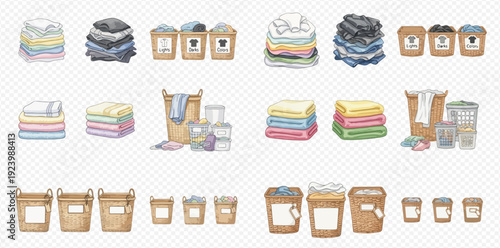 A watercolor illustration set of various laundry items including folded clothes, hampers, and sorting baskets.