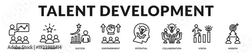 Talent development framework showcasing leadership cultivation, collaborative learning, and mission driven growth in Lineal Icon Style