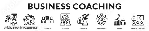 Business coaching solution highlighting strategic performance alignment, financial insight, and leadership capability development in Lineal Icon Style